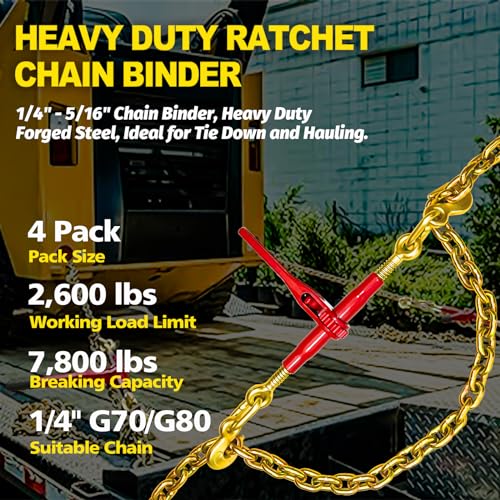 Image of FITHOIST Ratchet Chain Binders 1 /4'' - 5 /16'' | 4-Pack Load Binders w /Clevis Hooks | 2,600 Lbs Working Load | Compatible with G43, G70 & G80 Chains | Secure Tie Down Binder for Hauling and Towing
