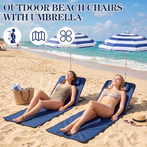 Karenhi 2 Pack Silla Plegable de Playa con Sombrilla, Azul Marino, Silla Portátil con Respaldo y Bolsa de Transporte miniatura 3