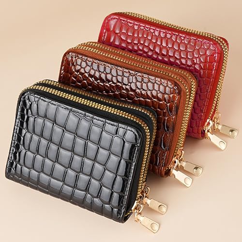 Crocodile Pattern PU Leather Card Holder, Double Zippered Coin Purse with Multiple Slots, Compact Wallet for Cards and Cash, Portable Small Purse for Men and Women (Brown)3