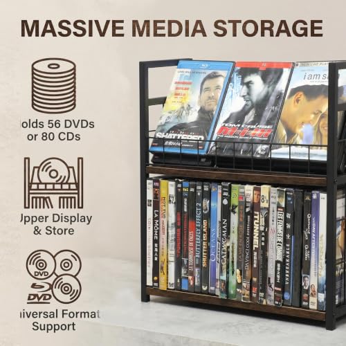 Image of 2-Tier DVD Storage Rack 2 Pack, Holds 112 DVDs (160 CDs), Metal Frame Media Holder with Handles, for Blu Ray, CDs, Video Games, VHS Tapes