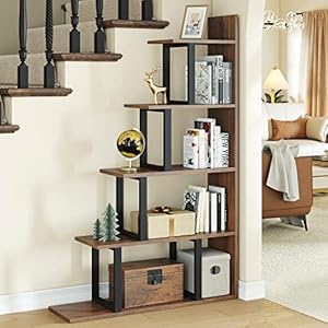YITAHOME 5-Tier Bookshelf, L-Shape Freestanding Ladder Corner Bookcase, Industrial Vintage Storage Display Rack Shelf for Living Room Bedroom Hallway Office, Retro Brown