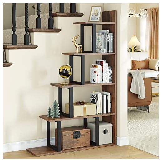 YITAHOME 5-Tier Bookshelf, Industrial Vintage Freestanding Ladder Corner Bookcase, L-Shape Storage Display Rack Shelf for Living Room Bedroom Hallway Office, Retro Brown