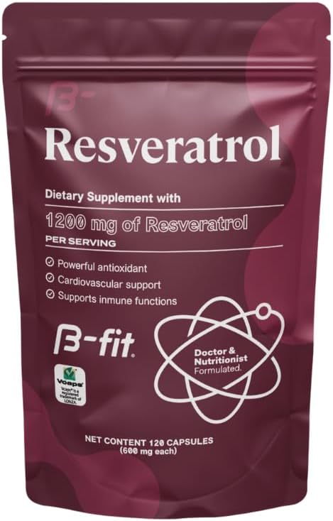 B-FIT Resveratrol 1200mg Supplement, 120 Vegan Capsules (2-Month Supply), Supports Healthy Aging, Gluten-Free and Preservative-Free, Vegan Keto Paleo, 100% Pure