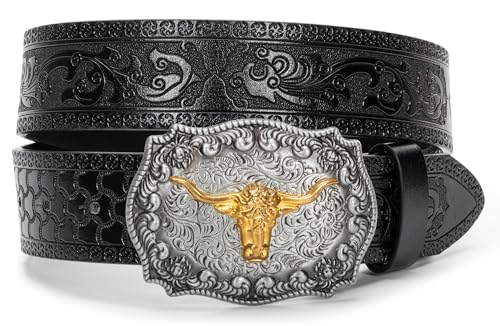 Eohak Ceinture western en cuir avec boucle de cowboy pour homme et femme, jeans, motif floral gravé Longhorn Bull Texas (tour de taille de 83 à 101 cm), Noir , Für 84–94 cm Taille