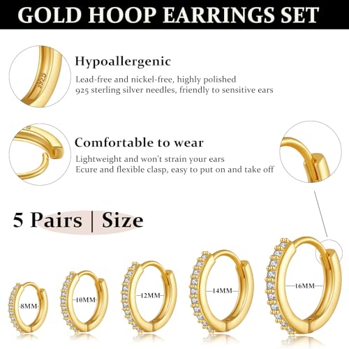 925 Sterling Silver Hoop Earrings 4-5 Pairs Cubic Zirconia Silver Hoop Earrings Hypoallergenic Silver Hoop Earring for Women Small Cartilage Sleepers Huggie Earrings Sets 8/10/12/14/16mm4