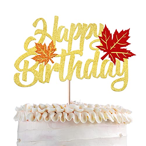 SYKYCTCY 1 Pack Thanksgiving Day Cake Topper Happy Birthday Cake Pick Autumn Fall Maple Leave Birthday Cake Decorations Thanksgiving Day Kids Birthday Baby Shower Party Supplies