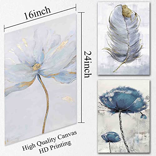 Abstract Blue Canvas Wall Art For Living Room Scandinavian Flower Art White And Gold Flower Painting White And Gold Feather Wall Decor Blue Flower Wall Picture For Home Deocr 16X24Inchx3Pcs No Frame #TOP2
