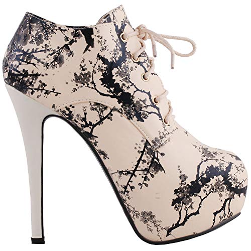 Show Story Beige Black Two Tone Lace-Up The Plum Blossom Pattern High Heel Hidden Platform Ankle Boots,Lf80884Bg40,9Us,Beige #TOP23