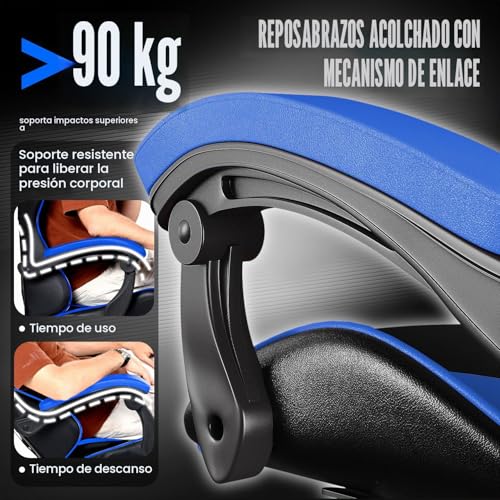 Miniatura 6 de Bigzzia Silla Gaming,Silla Ergonómica De Oficina En Cuero Pu,Regulable En Altura Con Soporte Lumbar Y Reposacabezas,Respaldo Reclinable 155 ,Silla Gamer Adulto Niño Azul