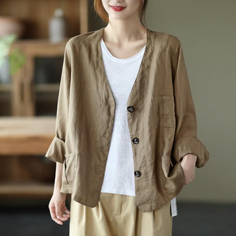 Generico Blazer in Lino da Donna Maniche Lunghe Scollo A V Giacca Blazer Leggera Sfoderata Primavera Estate Casual da Ufficio Cardigan Giacca con Tasche Top Traspirante