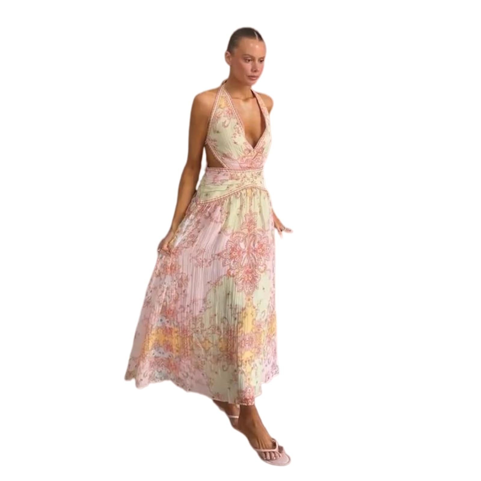 Vestito Donna Elegante Halter Maxi Abito Profondo V Senza Schienale Pizzo su Stampato per Festa Serata Indossare Vacanze-as Shown-s