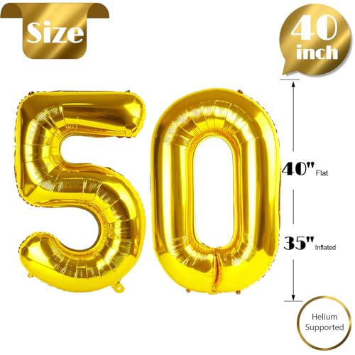 Image of Gold Number 50 Balloon 40 inch, 50 Number Balloons, 50th Gold Birthday Decorations, 50 Year Old Women Men Golden Party Supplies