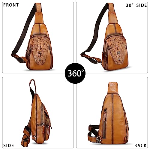 Image of Genuine Leather Sling Bag Embossed Crocodile Pattern Leather Crossbody Sling Backpack Handmade Chest Purse Daypack (Brown)