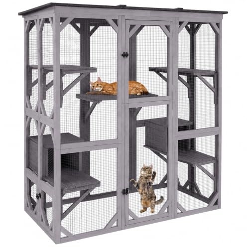 Image of Aivituvin Cat House Window Outdoor Catio Cat Enclosures with 5 Platforms, 2 Resting Boxes Large Walk in Kitty House with Weatherproof Tarp Roof, 71.1 inch L x 34.6 inch W x 70.8 inch H Grey