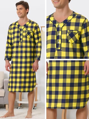 Lars Amadeus Plaid Nightshirts for Men's Henley Sleepwear Checked Nightgown Long Pajamas3