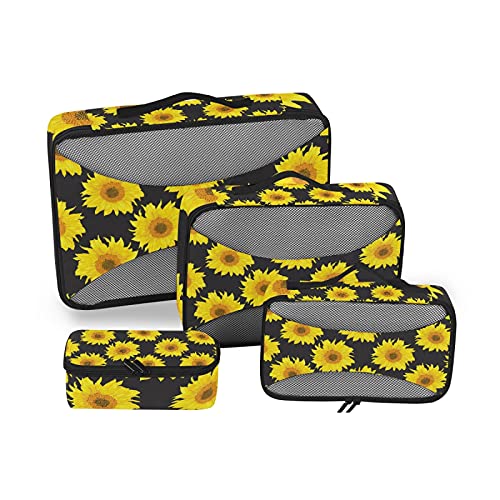 Yellow Sunflowers On Black 4 Set Packing Cubes, Travel Packing Organizers, 600D Oxford Cloth Toiletry Storage Bag XS/S/M/L