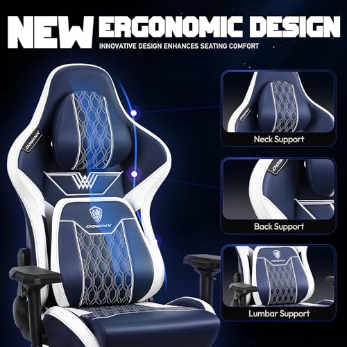 Image of Dowinx Gaming Chair with Footrest, Ergonomic Computer Chair with Comfortable Headrest and Lumbar Support, Game Office Chair for Adults Pu Leather High Back, 350LBS, Blue