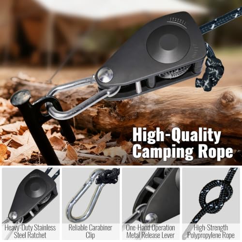 SOHIDAS Camping Rope Reflective Tent Rope Guyline with Ratchet Pulley, Tarp Tie Down Ropes for Tent Tarp, Canopy Shelter, Camping, 16.5FT Adjustable Guy Line for Canopy Tent 2Pack Guy Lines Tents Cord — view 5