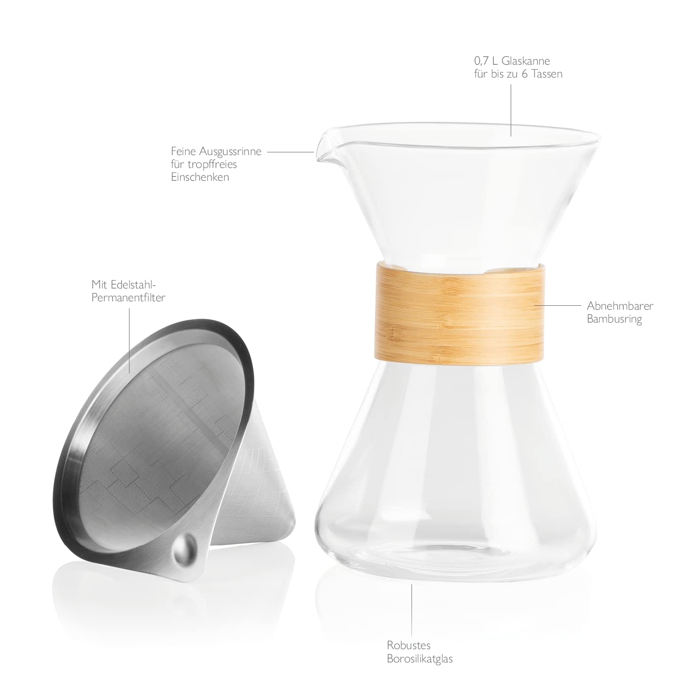 BEEM Jarra de café Pour Over - 0,7 L | Diseño de bambú y vidrio | Vidrio de borosilicato resistente | Con filtro permanente de acero inoxidable | Hasta 6 tazas