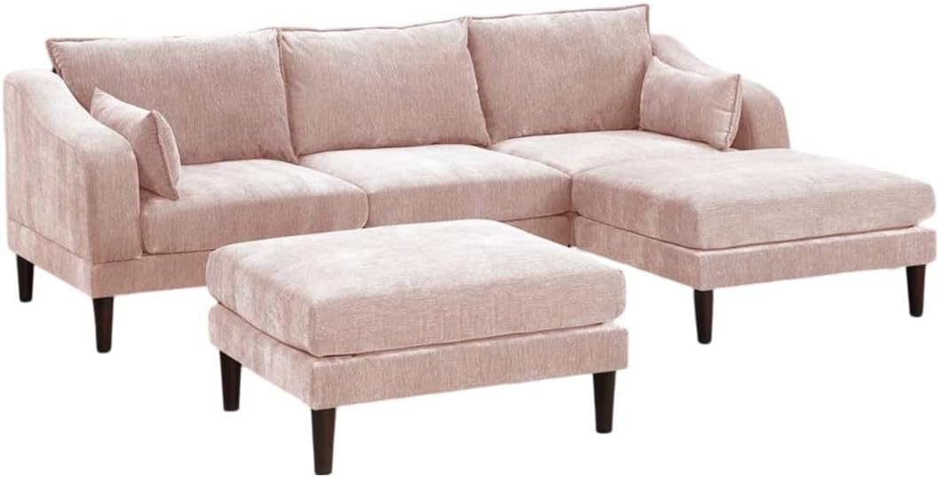 Contemporary 5pcs Modular Sectional Set One Arm Chairs Armless Chair Ottomans L-Shaped Sectional Blush Pink Morgan Fabric