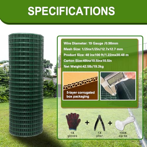 Wirewonders Hardware Cloth 1/2inx 48in x 100ft Chicken Wire, Green Garden Fence, PVC Coated Metal Welded Wire Mesh for Preventing Snakes, Raccoons, Foxes, Poultry Netting by Wirewonders - Image 2