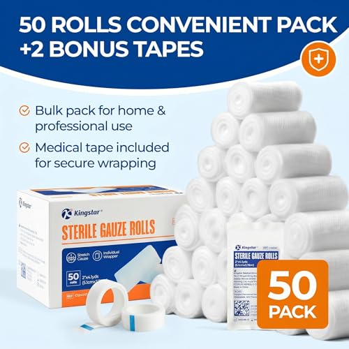Image of Sterile Gauze Rolls, 2in x 4.1 Yards, 50 Pack Conforming Stretch Gauze Bandage, Firm Support for Dressings and Splints, Latex-Free First Aid Supplies Individually Wrapped with Bonus Tape