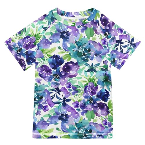 ALAZA Kids Rash Guard Toddler Swim Shirt Boy Girls Floral Purple Blue Watercolor UPF 50+ Short Sleeve 4T