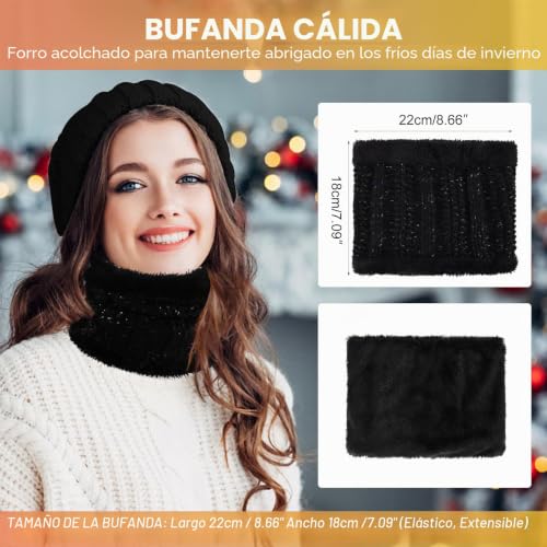 Miniatura 3 de Tuopuda Gorro Bufanda De Punto Guantes Invierno Set De Bufanda Y Gorro Conjunto De Excursión Esquí De Invierno De Mujeres 5 Piezas, Negro Con Caja De Regalo
