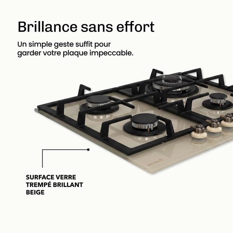 BELDEKO Plaque Gaz 4 Feux 8000W Beige Boutons Laiton - Marque Française