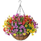 TDHDIKE Artificial Faux Fake Hanging Flowers Plants Basket for Summer Outdoor Outside Decoration UV Resistant Fake Silk Colorful Daisy Eucalyptus for Porch Patio Balcony Yard Garden Home Decor