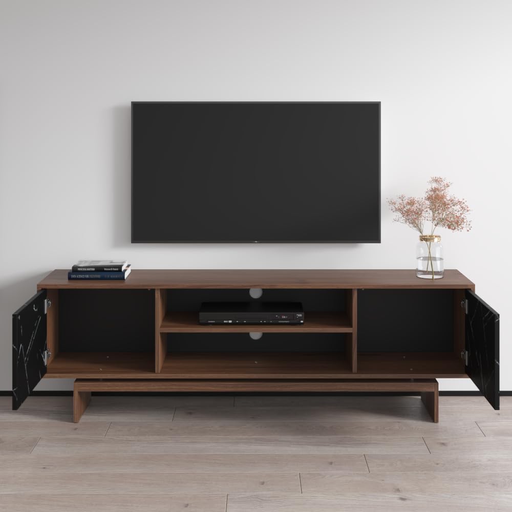 Meble Furniture Gram Freestanding TV Stand — Modern Rectangular Media Console — Fits TVs up to 80", 59.8" W x 15.7" D x 23.6" H — Walnut/Black