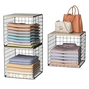 3PCS Stackable Closet Organizers and Storage, Shelves with Wood Top Extra Storage, Clothes Organizer Basket, Bin, or Tube for Wardrobe and Home Organization (Black-Sturdy Metal) Patent Pending