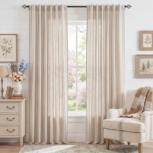 StangH Farmhouse Tan Linen Blend Stripe Curtains Back Tab W52xL84 2 Pcs