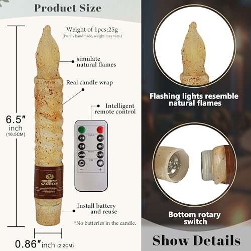 Image of LED Flameless Spiral Taper Candles with Remote, 6.5 Inches Khaki Candlesticks, Flickering Taper Candles, Battery Operated Flame Rustic Primitive Lights Decor, Vintage Candles Pack of 2