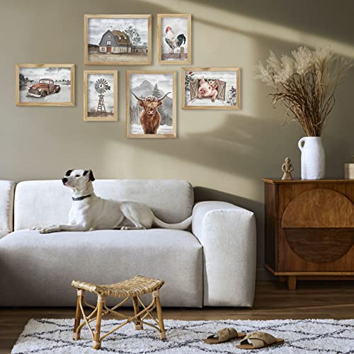 Farmhouse Canvas Wall Art: Rustic Western Country Scene Picture, Framed Farm Animal Poster, Barn Truck Windmill Pig Chicken Cow Print Home Decor 6 Panels #TOP1