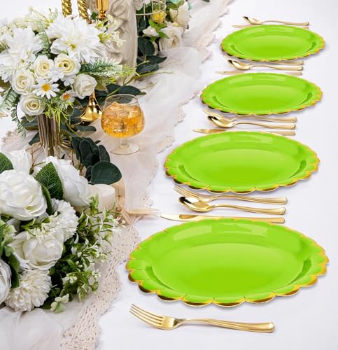 Image of HEIPINIUYE 50 Pieces Lime Green Paper Plates with Gold Foil 7 Inch Disposable Lime Green and Gold Scalloped Dinner Plates for Wedding Baby Shower Birthday Party Dessert Plate