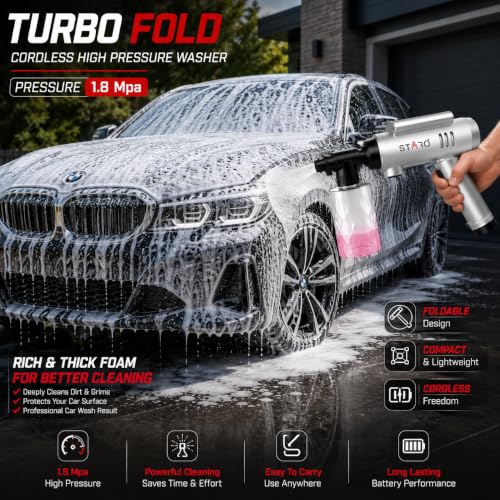 Image of STARQ TurboFold Cordless Pressure Washer Gun 1.8 MPa Portable High Pressure Car Washer with 5 in 1 Rotating Nozzle High Speed Motor 4000mAh Type C Rechargeable Battery for Car Bike Home Cleaning