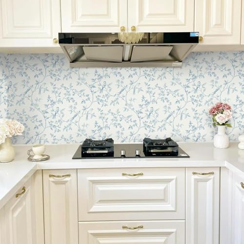 Yomshi Selbstklebende Tapete Blau 41cm x 10m Möbelfolie Blume und Vogel Wandtapete Abnehmbar Vinyl Klebefolie Wasserdicht Dekorfolie für Wohnzimmer Schlafzimmer