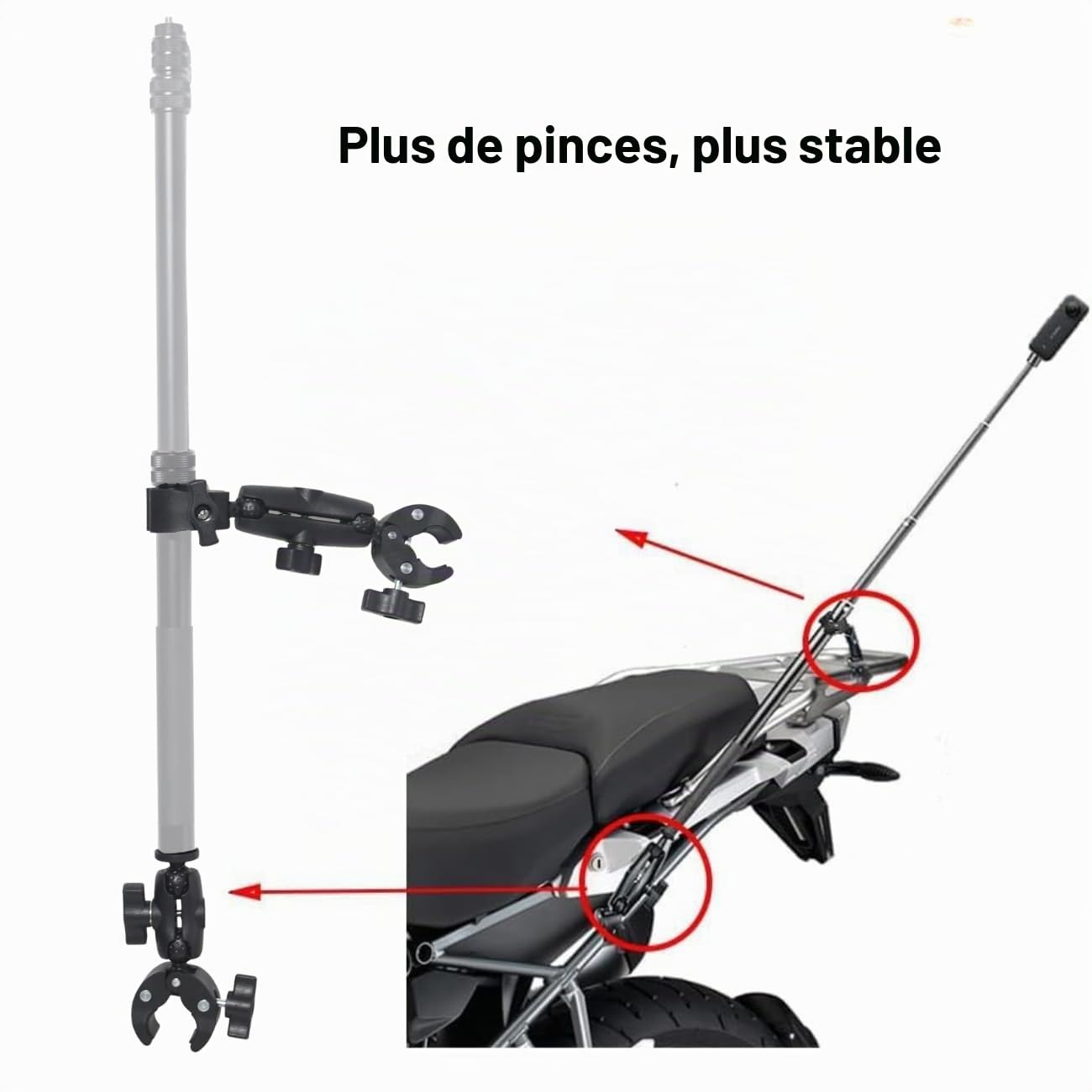 Kit de Montage Moto pour Insta360 X5, X4, x3, One RS, pour GoPro Hero 13, Hero 12, Hero 11, avec Double Pince, Angle réglable, matériau Aluminium, système de Montage Stable