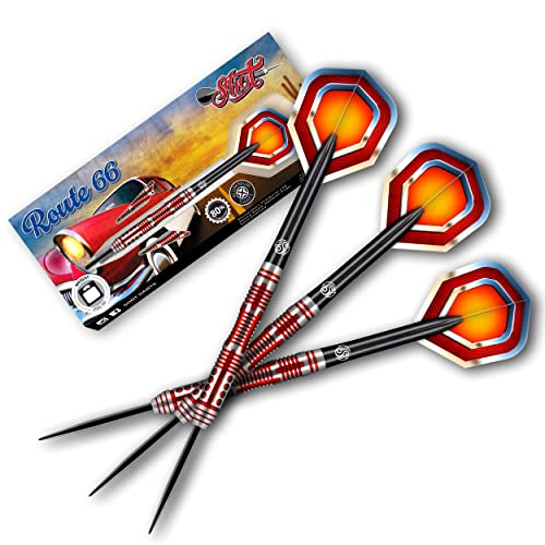 Shot! Darts Steel Tip, Americana Route 66 (23g/24g/25g), 80% Tungsten Barrel, Front Weighted, Handcrafted Professional Dart Set & Flights Made in New Zealand, Metal Tip for Bristle Dartboard