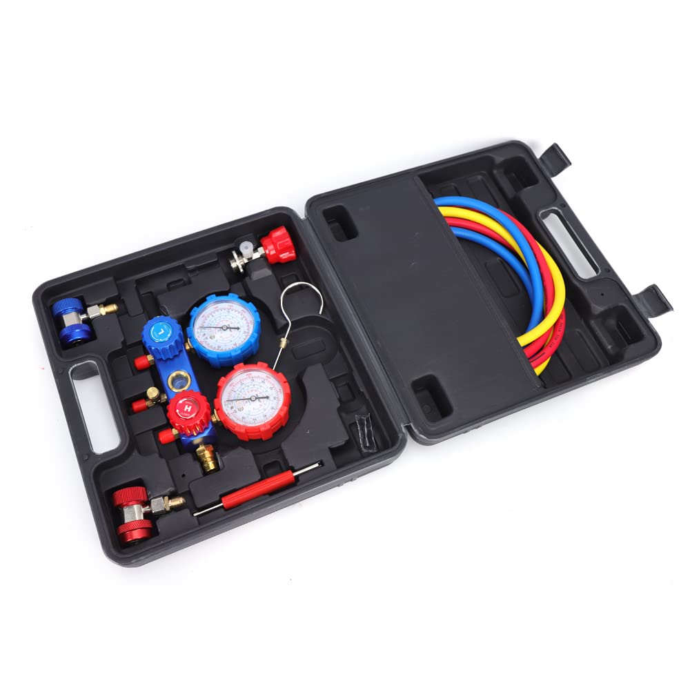 Krümmer Manometer Set Kfz, Klimaanlage Monteurhilfe Gauge Set - Auto Klimaanlagen Manifold Gauge mit Schlauchset für R410A/R134A/R536A/R530G/R636G