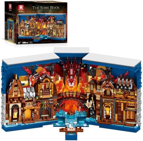 Reobrix 66035 The Shire Bookends Building Blocks Set, The Hobbit Book Nook Kit with LED Light, Medieval House Model Kit for Teens 14+ and Adults, 3398 Pieces