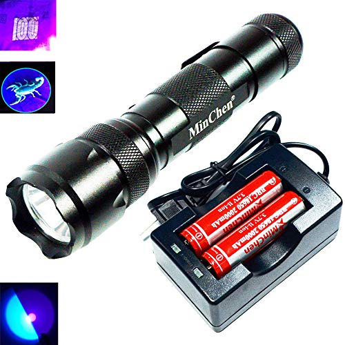 MinChen 502B UV Flashlight, 1 Mode 395-410nm UV-Ultraviolet Led Flashlight with 2pc Protected 18650 Battery and a Wall Charger, UV Ultraviolet LED Flashlight Torch with Features Money Detector