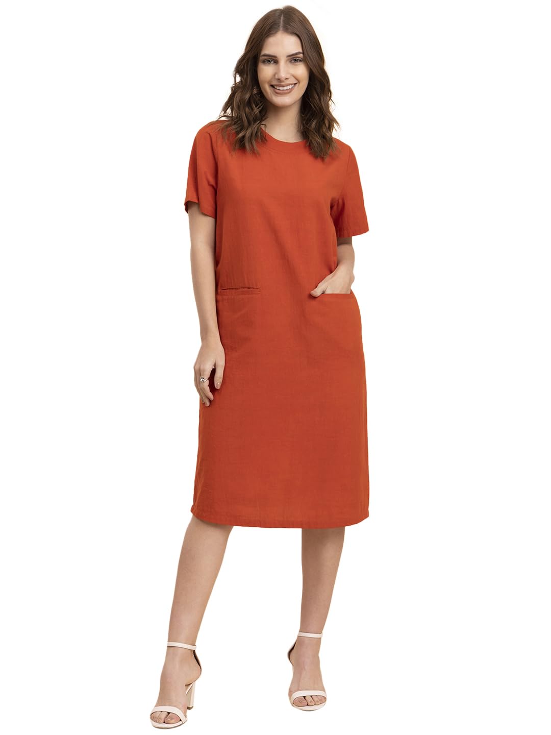 fablestreet Linen Round Neck Shift Dress - Burnt Orange-picture-29