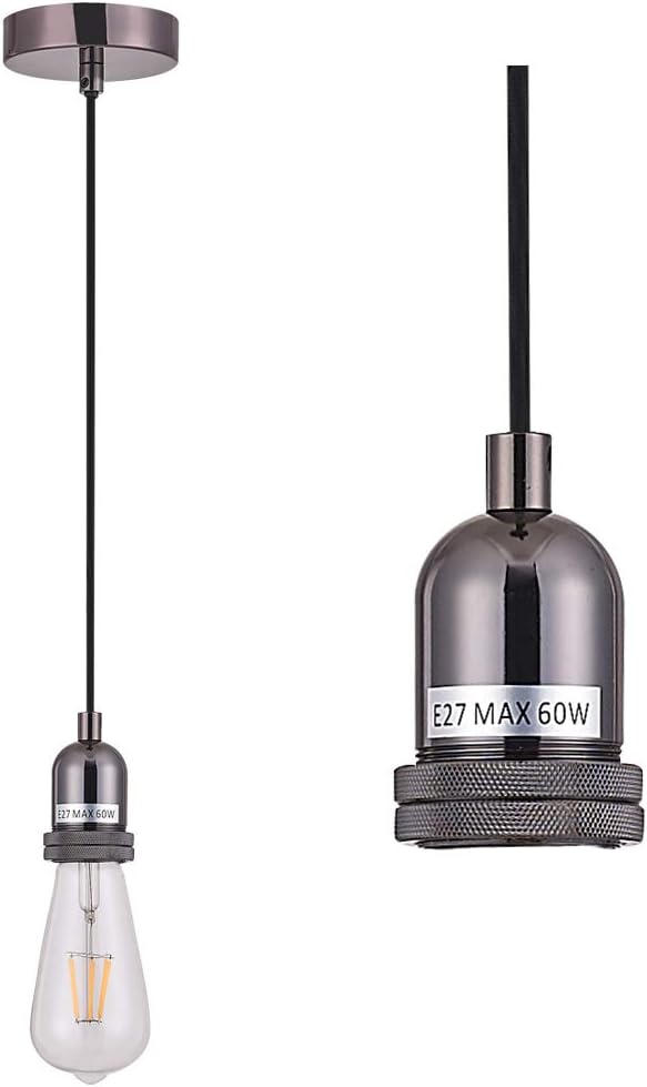 Pendant Fitting Black Chrome Ceiling Light Fitting, Vintage Metal Ceiling Rose with Braided Flex Cable and Metal E27 Lamp Holder KIT Accessary HT201BNK