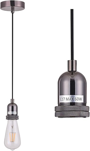 SHINY STAR Pendant Fitting Black Chrome Ceiling Light Fitting, Vintage Metal Ceiling Rose with Braided Flex Cable and Metal E27 Lamp Holder KIT Accessary HT201BNK