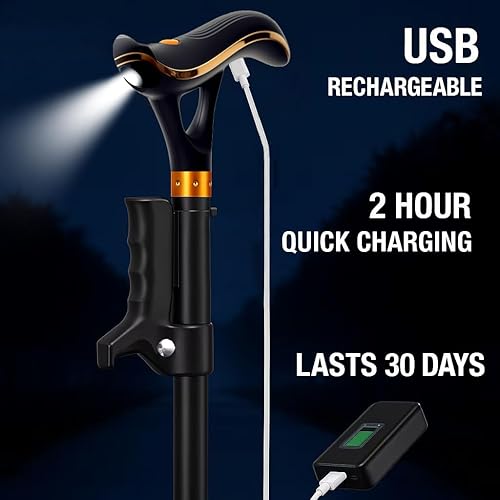 Miniatura 3 de Bastón inteligente para personas mayores con luz LED y alarma, bastón plegable ajustable con asas dobles, 2 puntas, recargable por USB, ayuda de