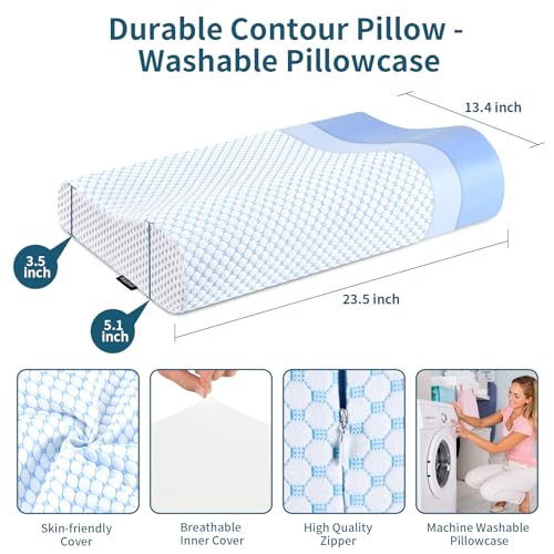 Memory Foam Pillows Neck Pillow for Pain Relief, Ergonomic Cervical Pillow Neck Shoulder Support Bed Pillow for Side Back Stomach Sleeper, Orthopedic Contour Pillow for Sleeping(Blue&White)