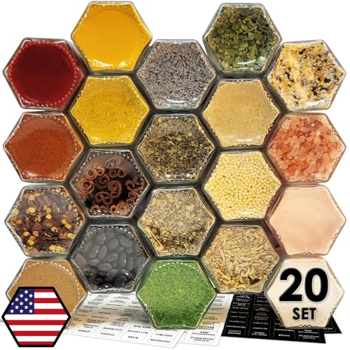 Image of 20 Pack Magnetic Spice Jars for Refrigerator, Hexagon Glass Magnetic Spice Jar with Shaker Lids Label for Kitchen RV Travel Trailer Boat, Magnet Seasoning Containers for Fridge Cabinet Wall mount Rack