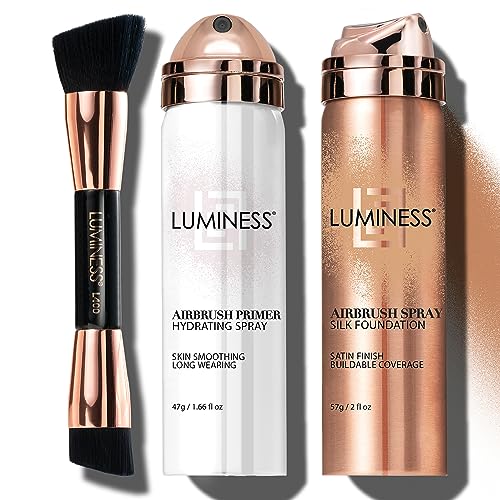LUMINESS Silk Airbrush Spray Foundation Makeup Starter Kit – Full Coverage Foundation, Primer & Dual-Sided Buffing Brush – Buildable Coverage, Anti-Aging Formula Hydrates & Moisturizes (Shade – Warm)